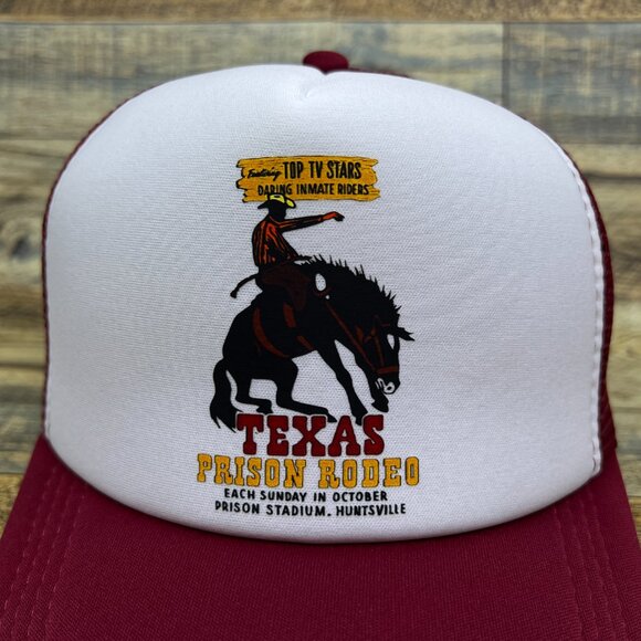 Texas Prison Rodeo Unisex Trucker Hat Maroon Snapback Huntsville Texas Ball Cap - Picture 3 of 5